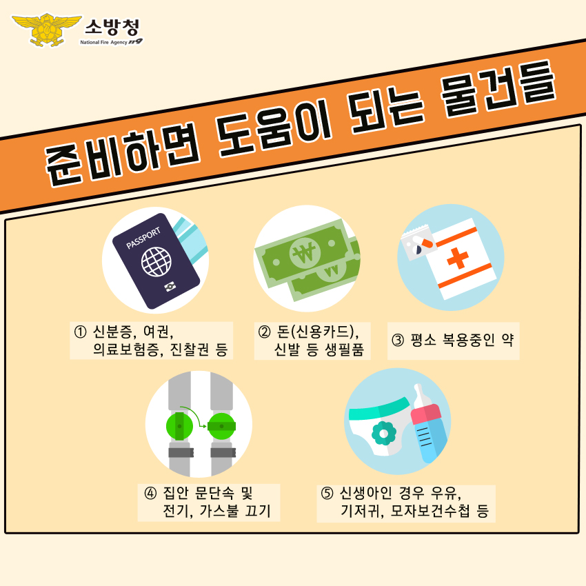 준비하면 도움이 되는 물건들. 1.신분증, 여권, 의료보험증, 진찰권 등. 2. 돈(신용카드), 신발 등 생필품. 3. 평소 복용중인 약. 4. 집안 문단속 및 전기, 가스불 끄기. 5. 신생아인 경우 우유, 기저귀, 모자보건수첩 등.