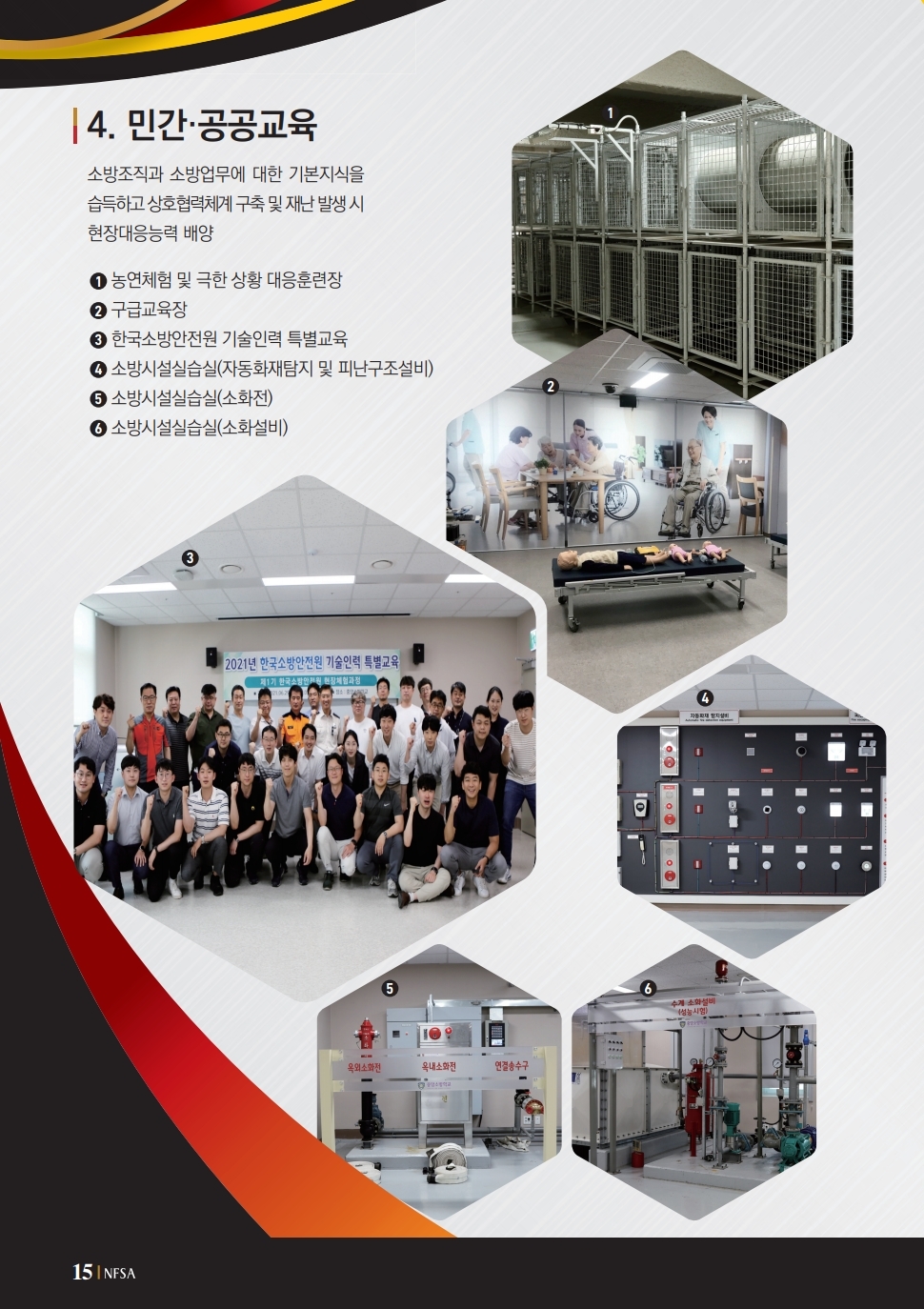 4. 민간·공공교육 소방조직과 소방업무에 대한 기본지식을 습득하고 상호협력체계 구축 및 재난 발생 시 현장대응 능력 배양 1 농연체험 및 극한상황 대응 훈련장 2 구급교육장